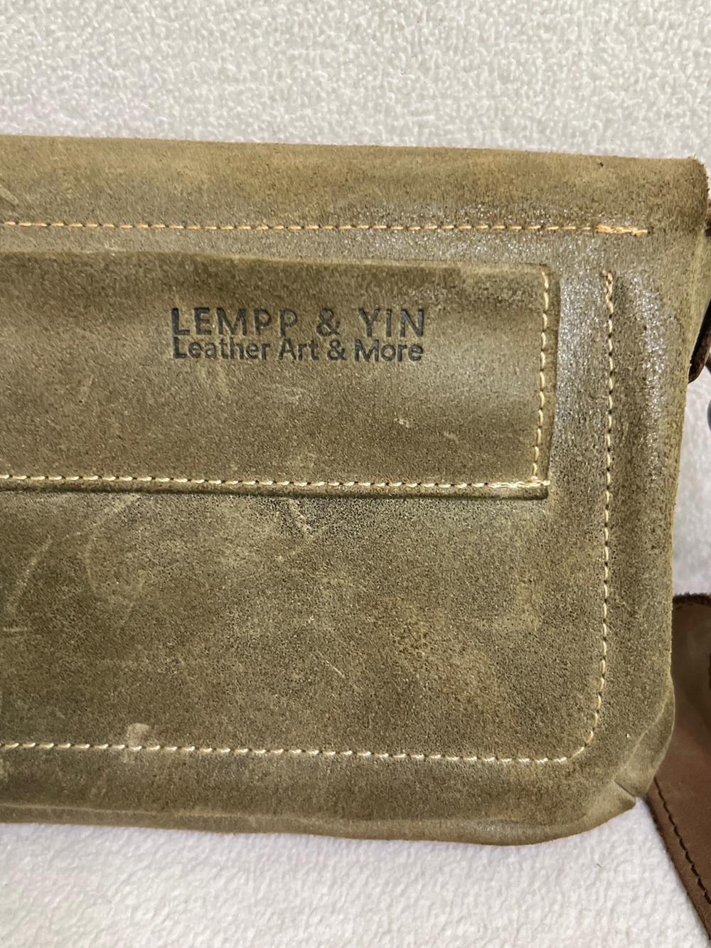 Lempp and Yin Olive Green Distressed Leather Crossbody Bag Handmade Purse - Picture 11 of 14
